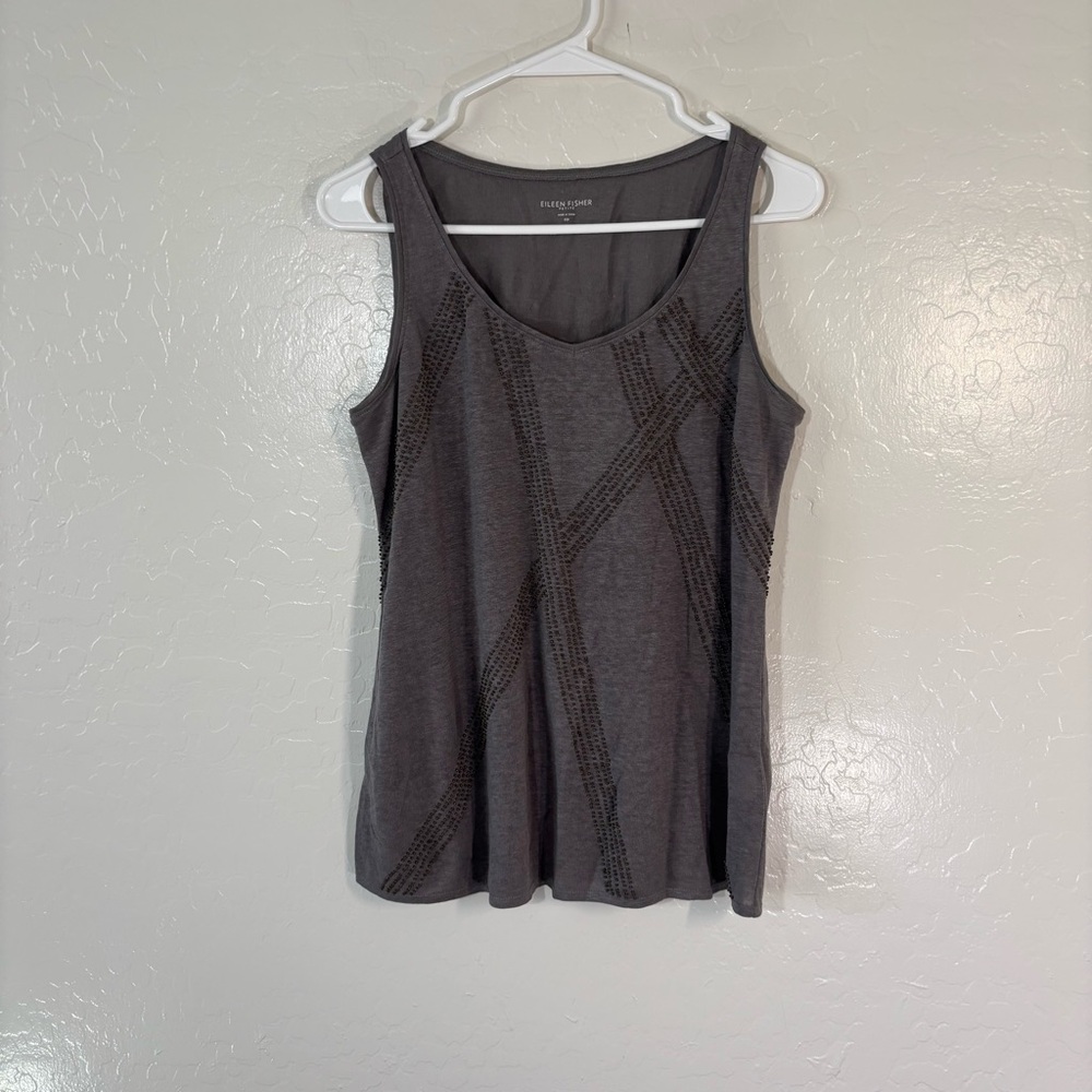 Eileen Fisher Tank Top Womens PP Gray Linen Jersey Beaded Embellished Scoop Neck
